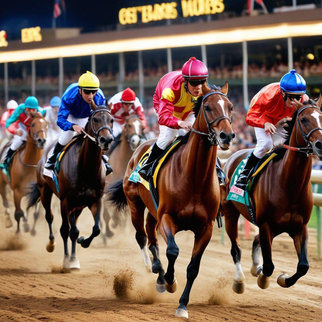 A dynamic scene capturing the excitement of live horse racing at Batavia Downs, with colorful jockeys on galloping horses, cheering spectators, and the vibrant casino entrance in the background. Incorporate bright lights and festive atmosphere, showcasing both racing and gaming elements like slot machines and roulette tables. super-realistic. vibrant colors. high-energy composition.