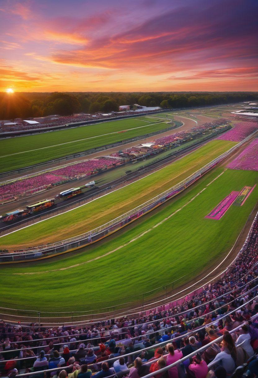 An aerial view of Batavia Racetrack bustling with activity, featuring a vibrant mix of spectators, jockeys, and colorful racing horses. Incorporate digital elements like event schedules and game icons floating above, symbolizing planning and navigation. The scene should convey excitement and anticipation, with lush green surroundings highlighting the racetrack ambiance. Make sure to include a lively sunset sky to enhance the overall atmosphere. super-realistic. vibrant colors. 3D.