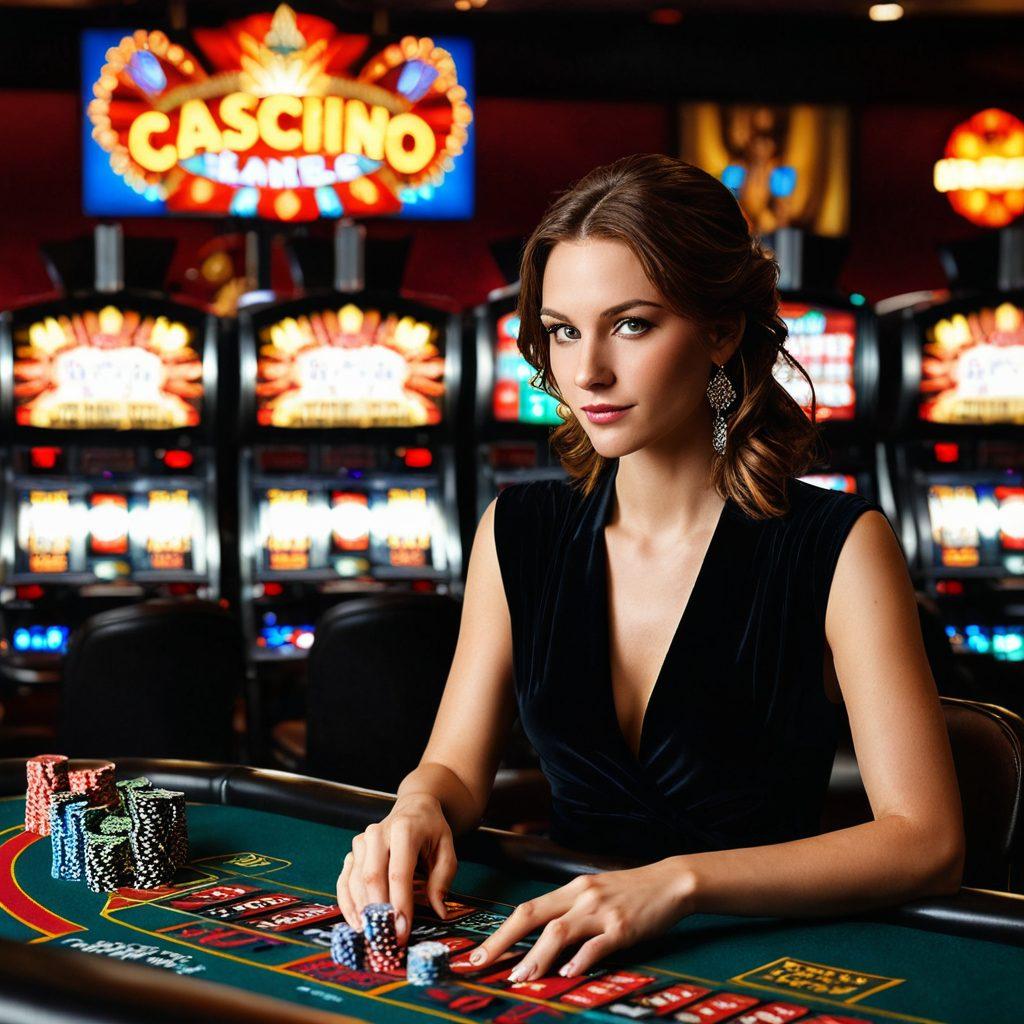 An exhilarating casino scene featuring a group of diverse players at a vibrant poker table, chips flying, and expressions of excitement. Showcase a chic casino interior with dazzling lights, slot machines, and a roulette wheel in the background to embody the thrill of wagering. Include elements of boldness and strategy, like a player holding a winning hand and another contemplating a high-stakes bet. The atmosphere should exude energy and anticipation. super-realistic. vibrant colors. high contrast.